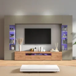 Parete attrezzata 290x190h cm moderna 2 vetrine tortora rovere Zenith 2