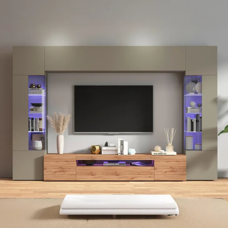 Parete attrezzata 290x190h cm moderna 2 vetrine tortora rovere Zenith 2