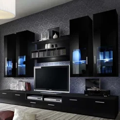 Parete attrezzata 300x190h cm moderna nero lucido Barrie Gihome®