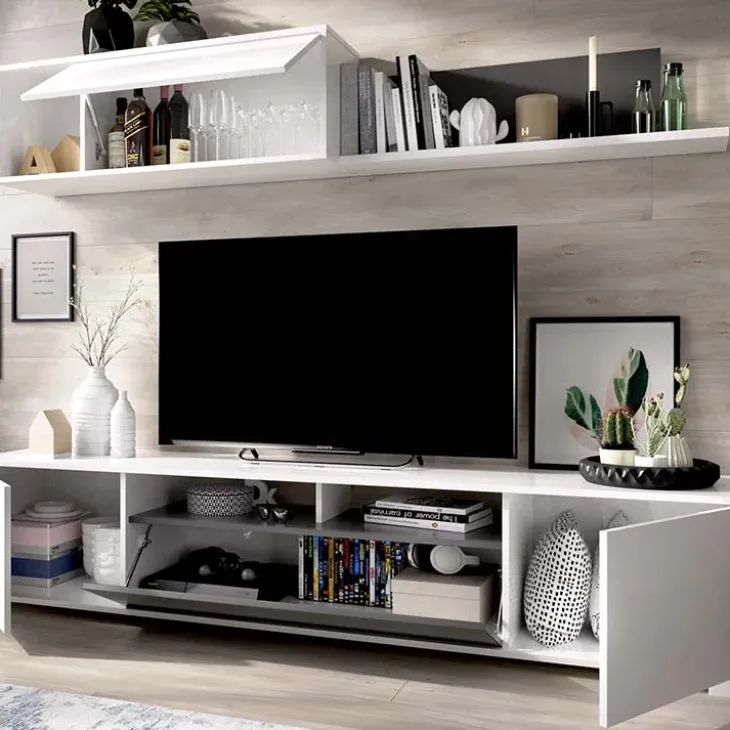 Parete attrezzata 200x140h cm moderna bianco lucido grafite Isador