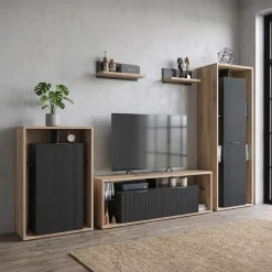Parete attrezzata 310x201h cm moderna cannettato rovere nero Savona