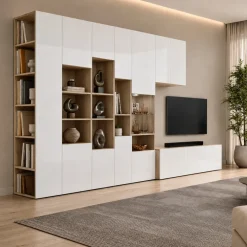 Parete attrezzata 340x205h cm rovere bianco lucido con led Shanti