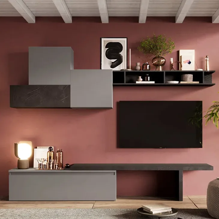 Parete attrezzata 276x200h cm salvaspazio grigio scuro antracite Sunset 15
