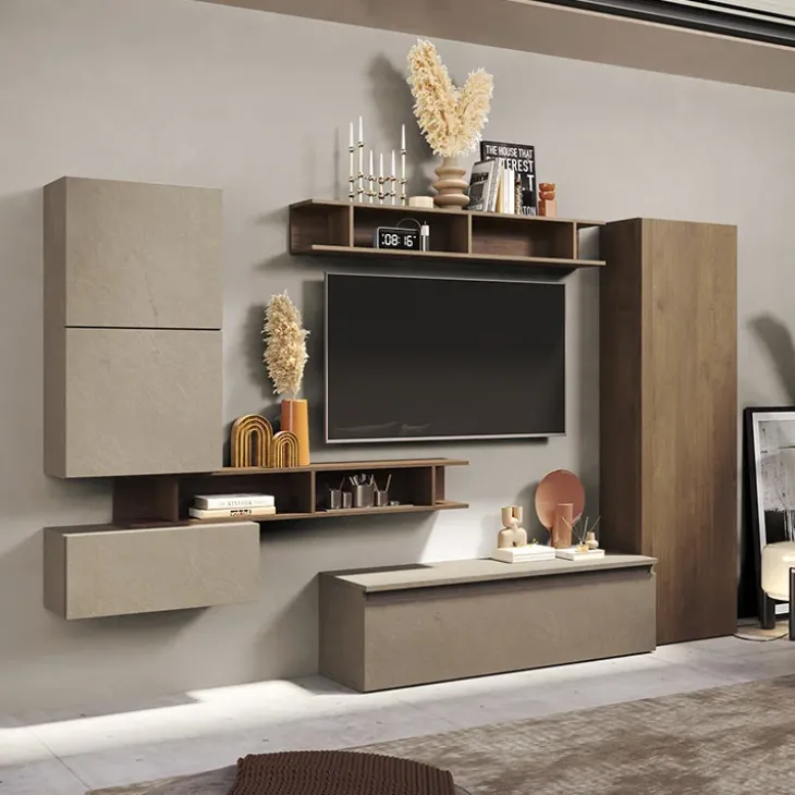 Parete attrezzata 295x186h cm salvaspazio moderna tortora rovere scuro Sunset 38