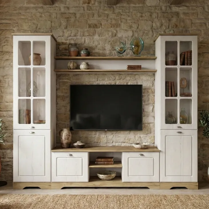 Parete attrezzata 234x181h cm shabby soggiorno bianco opaco Loira