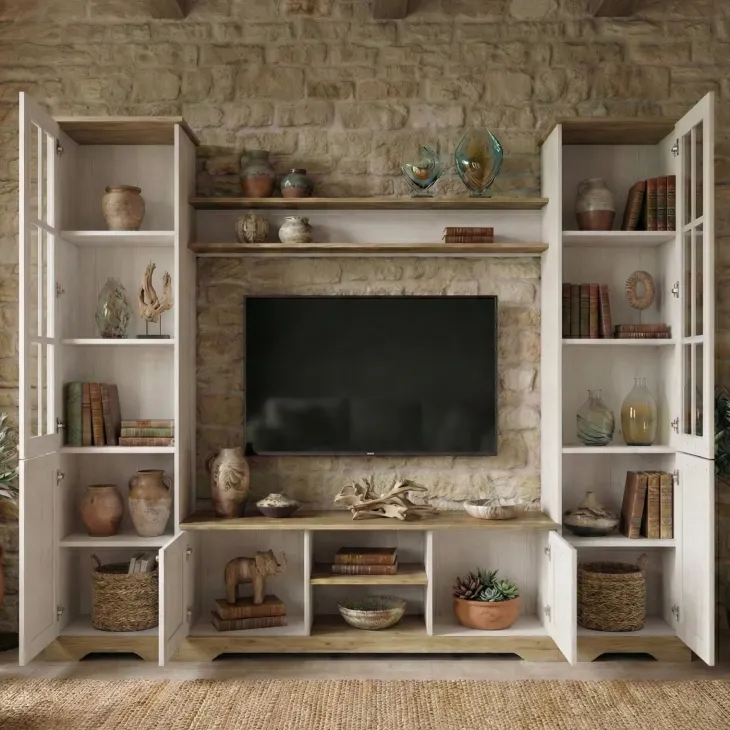 Parete attrezzata 234x181h cm shabby soggiorno bianco opaco Loira