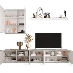 Parete attrezzata 301x220h cm soggiorno moderna bianco lucido rovere Universal