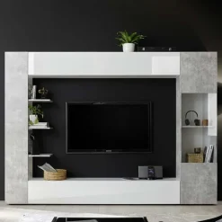 Parete attrezzata 257x187h cm soggiorno bianco lucido cemento Steppi 3