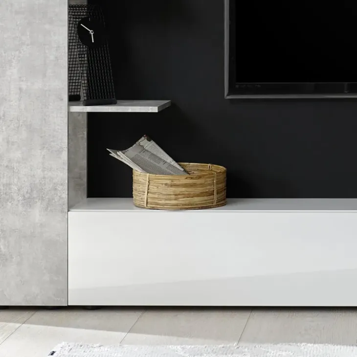 Parete attrezzata 257x187h cm soggiorno bianco lucido cemento Steppi 3
