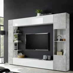Parete attrezzata 257x187h cm soggiorno bianco lucido cemento Steppi 3