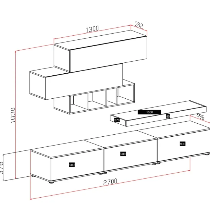 Parete attrezzata 270x183h cm soggiorno rovere antracite America Gihome®