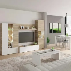 Parete attrezzata 260x185h cm soggiorno rovere bianco lucido Gary