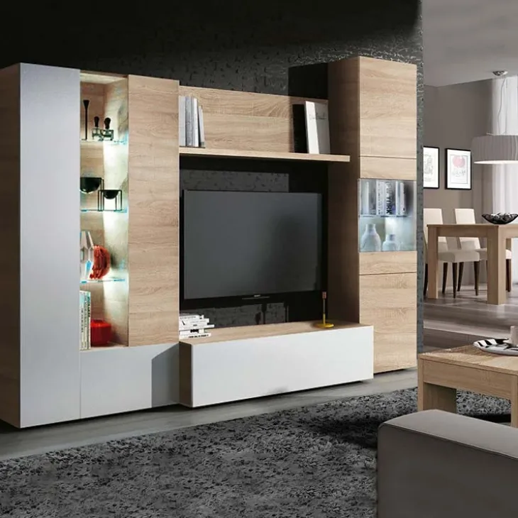 Parete attrezzata 260x185h cm soggiorno rovere bianco lucido Gary