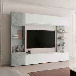 Parete attrezzata 250x187h cm soggiorno bianco effetto pietra Gracia