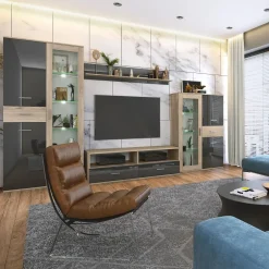 Parete attrezzata 390x201h cm soggiorno rovere grigio lucido Diran