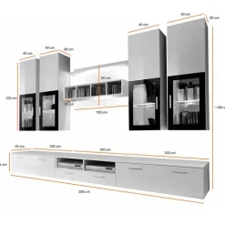 Parete attrezzata 300x190h cm soggiorno bianco lucido Barrie Gihome®