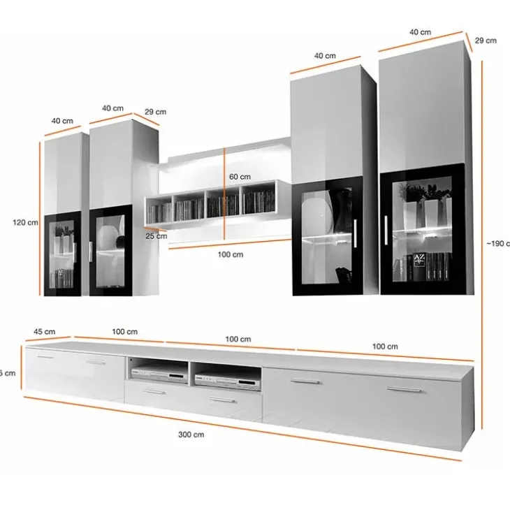 Parete attrezzata 300x190h cm soggiorno bianco lucido Barrie Gihome®