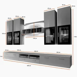 Parete attrezzata 300x190h cm soggiorno nero e bianco lucido Barrie Gihome®