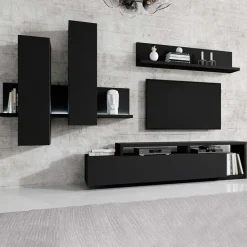 Parete attrezzata 219x205h cm soggiorno nero opaco Megan Gihome®
