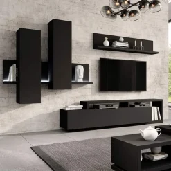 Parete attrezzata 219x205h cm soggiorno nero opaco Megan Gihome®