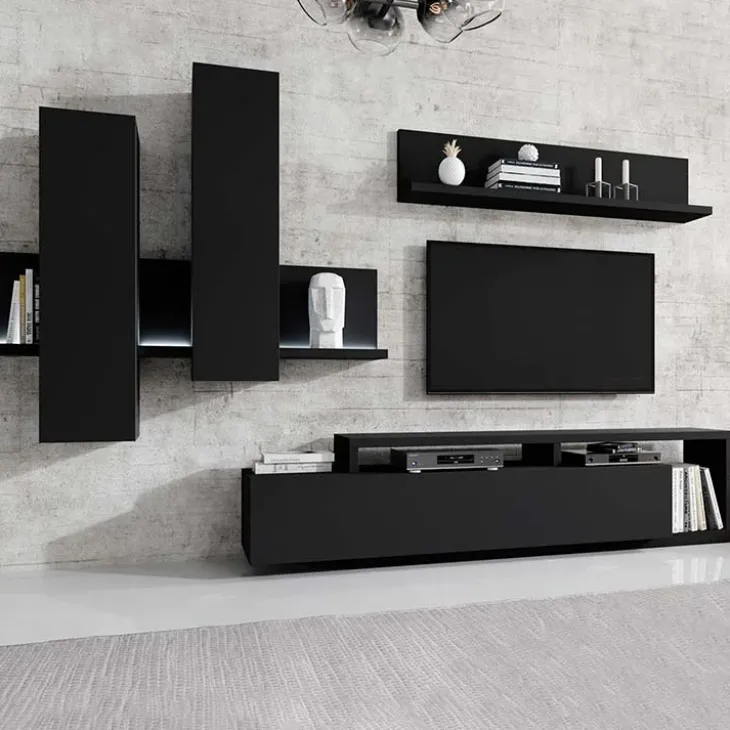 Parete attrezzata 219x205h cm soggiorno nero opaco Megan Gihome®