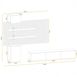 Parete attrezzata 220x160h cm sospesa beige cashmere rovere con stampa nera Halo