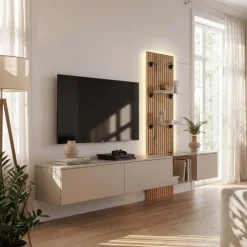 Parete attrezzata 220x160h cm sospesa beige cashmere rovere con stampa nera Halo