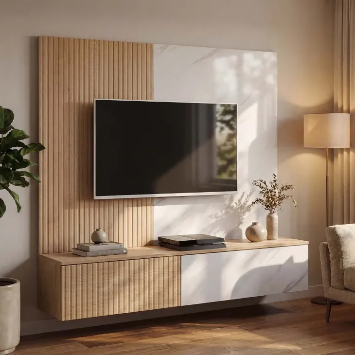 Parete attrezzata 160x148h cm sospesa cannettato, rovere, bianco effetto marmo Kendo