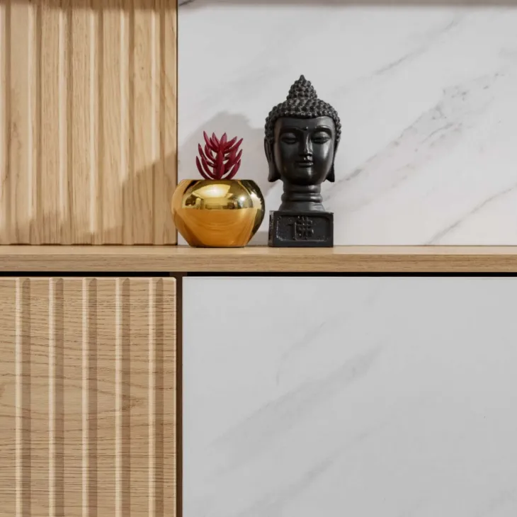 Parete attrezzata 160x148h cm sospesa cannettato, rovere, bianco effetto marmo Kendo