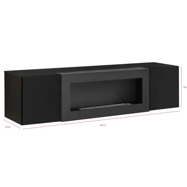 Pensile sospeso con biocamino 160x40h cm nero opaco e lucido Ignis 1 Gihome®