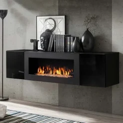 Pensile sospeso con biocamino 160x40h cm nero opaco e lucido Ignis 1 Gihome®