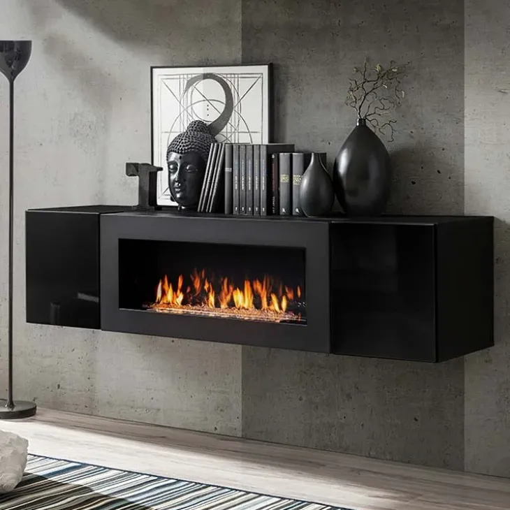 Pensile sospeso con biocamino 160x40h cm nero opaco e lucido Ignis 1 Gihome®