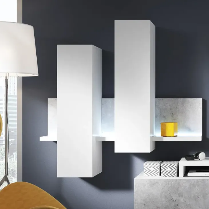 Pensile 152x142h h cm per parete attrezzata con mensola bianco opaco cemento Megan Gihome®