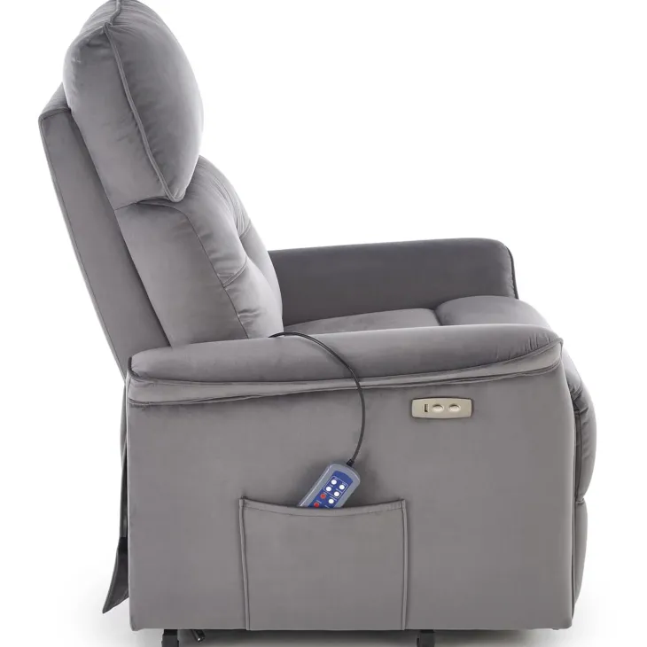 Poltrona alzapersona reclinabile elettrica massaggiante con USB in velluto grigio Nyx