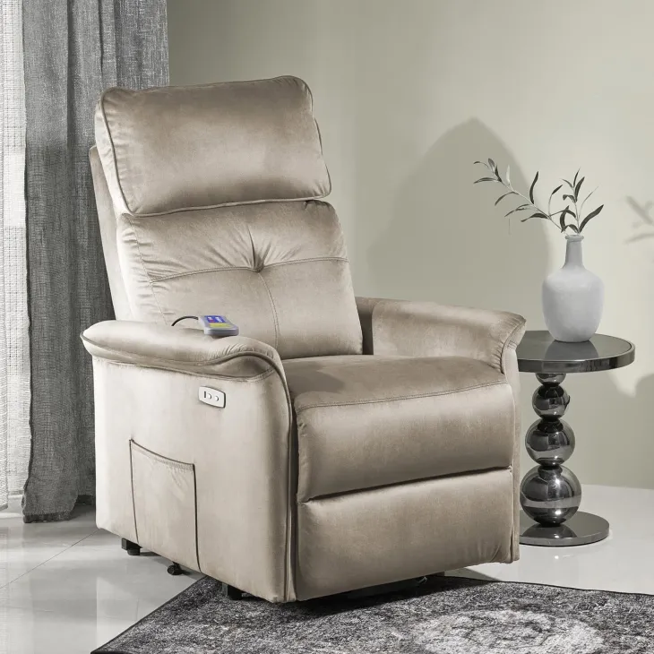 Poltrona alzapersona reclinabile elettrica massaggiante con USB in velluto beige Nyx