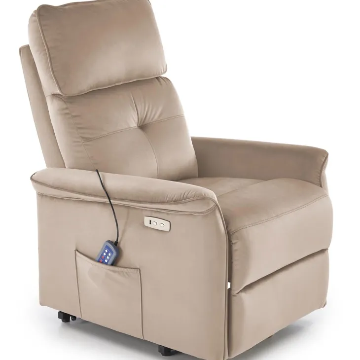 Poltrona alzapersona reclinabile elettrica massaggiante con USB in velluto beige Nyx