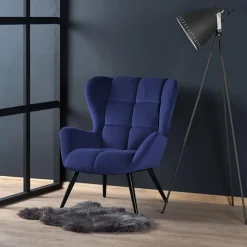 Poltrona imbottita in velluto blu nero Polly