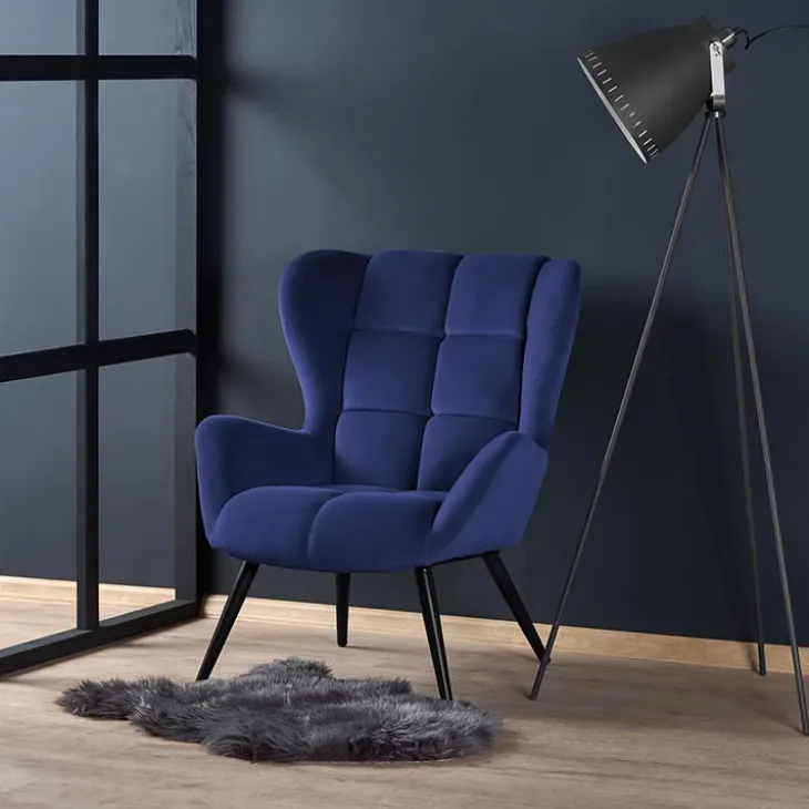 Poltrona imbottita in velluto blu nero Polly