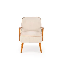 Poltrona moderna design in stoffa beige chiaro e gambe legno noce chiaro Bled