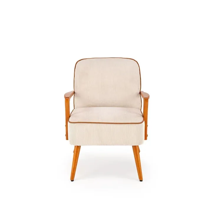 Poltrona moderna design in stoffa beige chiaro e gambe legno noce chiaro Bled