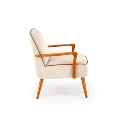 Poltrona moderna design in stoffa beige chiaro e gambe legno noce chiaro Bled