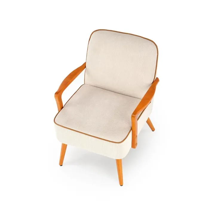 Poltrona moderna design in stoffa beige chiaro e gambe legno noce chiaro Bled