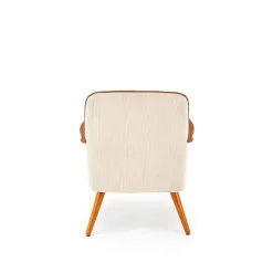 Poltrona moderna design in stoffa beige chiaro e gambe legno noce chiaro Bled
