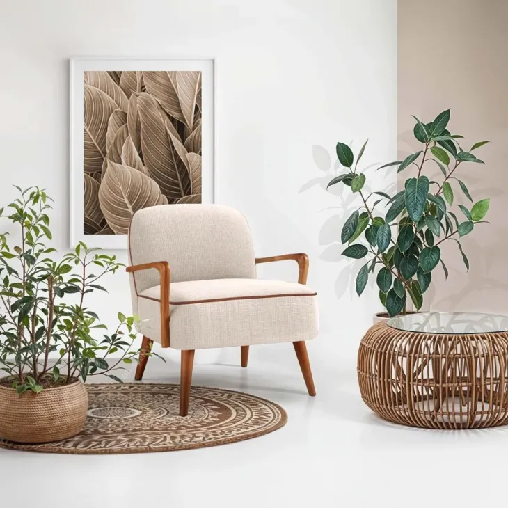 Poltrona moderna design in stoffa beige chiaro e gambe legno noce chiaro Bled