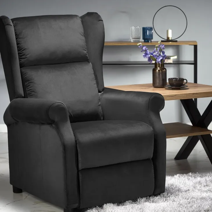 Poltrona reclinabile imbottita in velluto nero Cassiopea