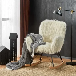Poltrona sedia a dondolo design pelliccia bianco crema struttura legno metallo Winnipeg
