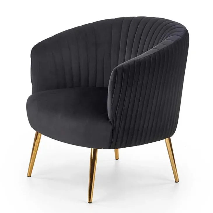 Poltroncina design in velluto nero con gambe oro Romance