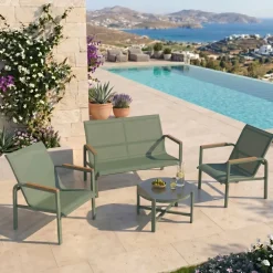 Salotto da giardino relax 4 posti con tavolino in acciaio e textilene verde Amalfi