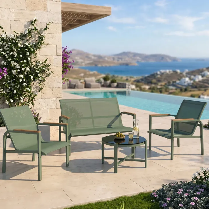 Salotto da giardino relax 4 posti con tavolino in acciaio e textilene verde Amalfi