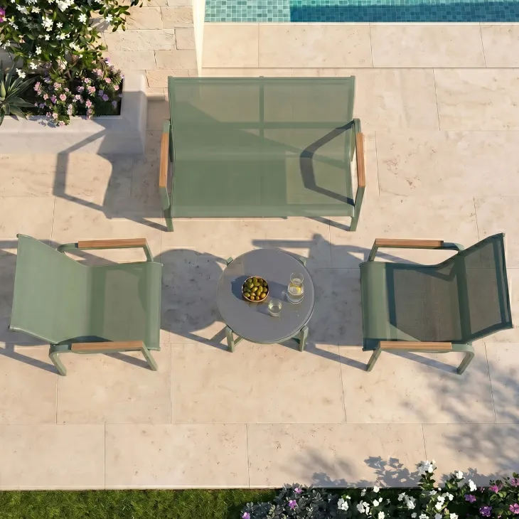 Salotto da giardino relax 4 posti con tavolino in acciaio e textilene verde Amalfi